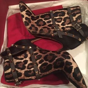Valentino Rockstud Leopard Calf Hair Ankle Boots